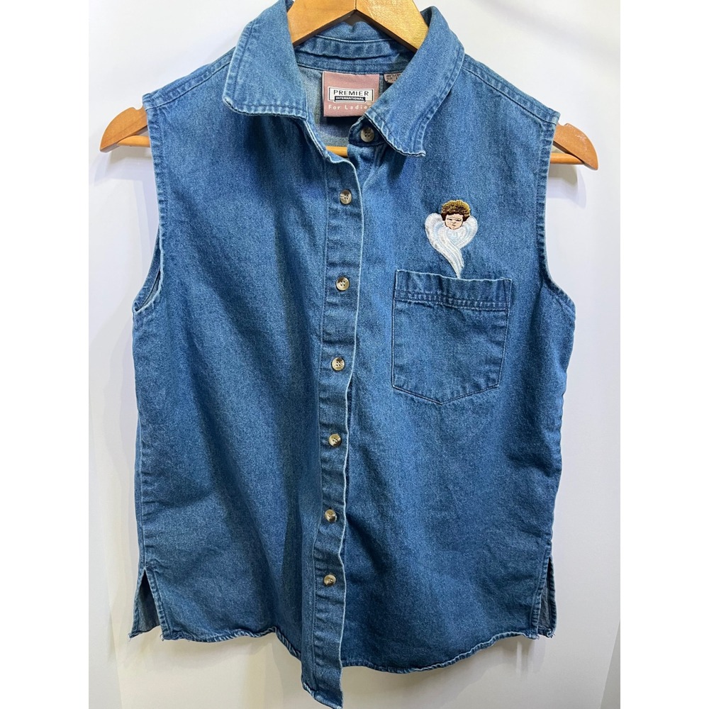 Premier International Vintage Denim Sleeveless Shirt Angel Cherub Embroidered M
